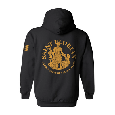 Back view of firefighter hoodies in black with a full back design featuring the Saint Florian Patron Saint of Firefighters