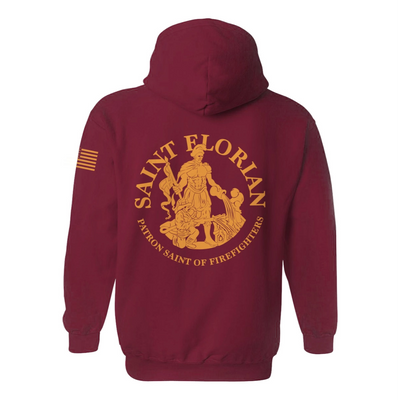 Back view of firefighter hoodies in red with a full back design featuring the Saint Florian Patron Saint of Firefighters