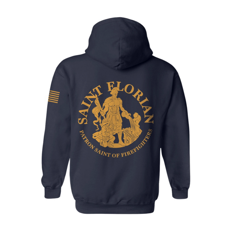 Back view of firefighter hoodies in navy with a full back design featuring the Saint Florian Patron Saint of Firefighters