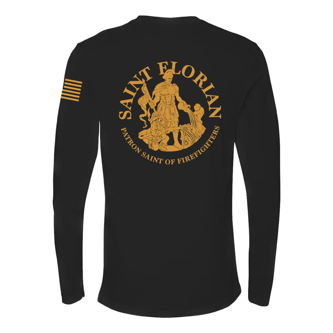 Back view of firefighter long sleeves in black with a full back design featuring the Saint Florian Patron Saint of Firefighters