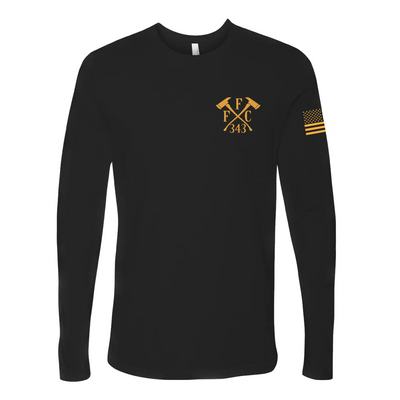 Front view of firefighter long sleeves in black color with left chest print of FFC 343 logo