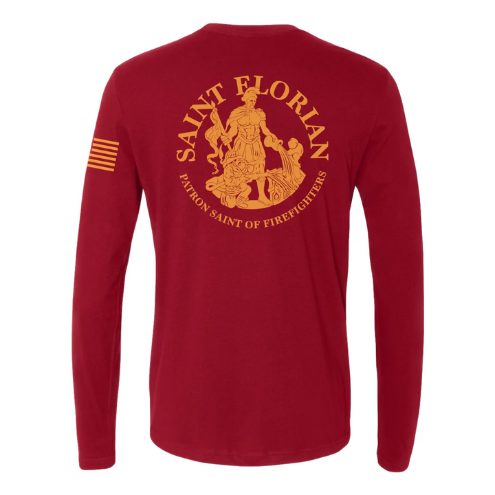 Back view of firefighter long sleeves in cardinal red with a full back design featuring the Saint Florian Patron Saint of Firefighters