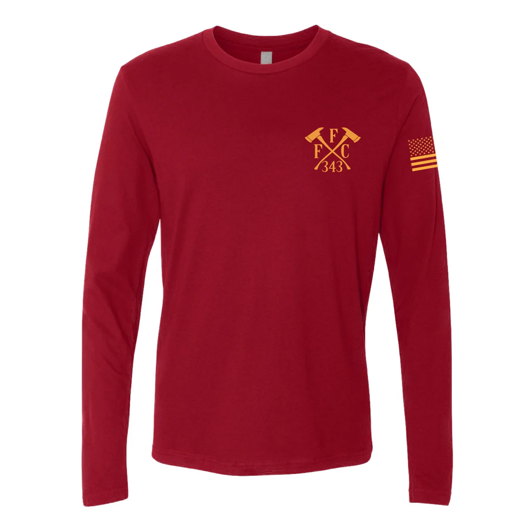 Front view of firefighter long sleeves in cardinal red color with left chest print of FFC 343 logo