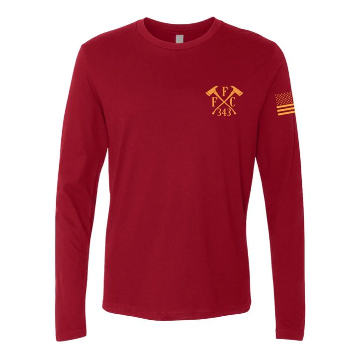 Front view of firefighter long sleeves in cardinal red color with left chest print of FFC 343 logo