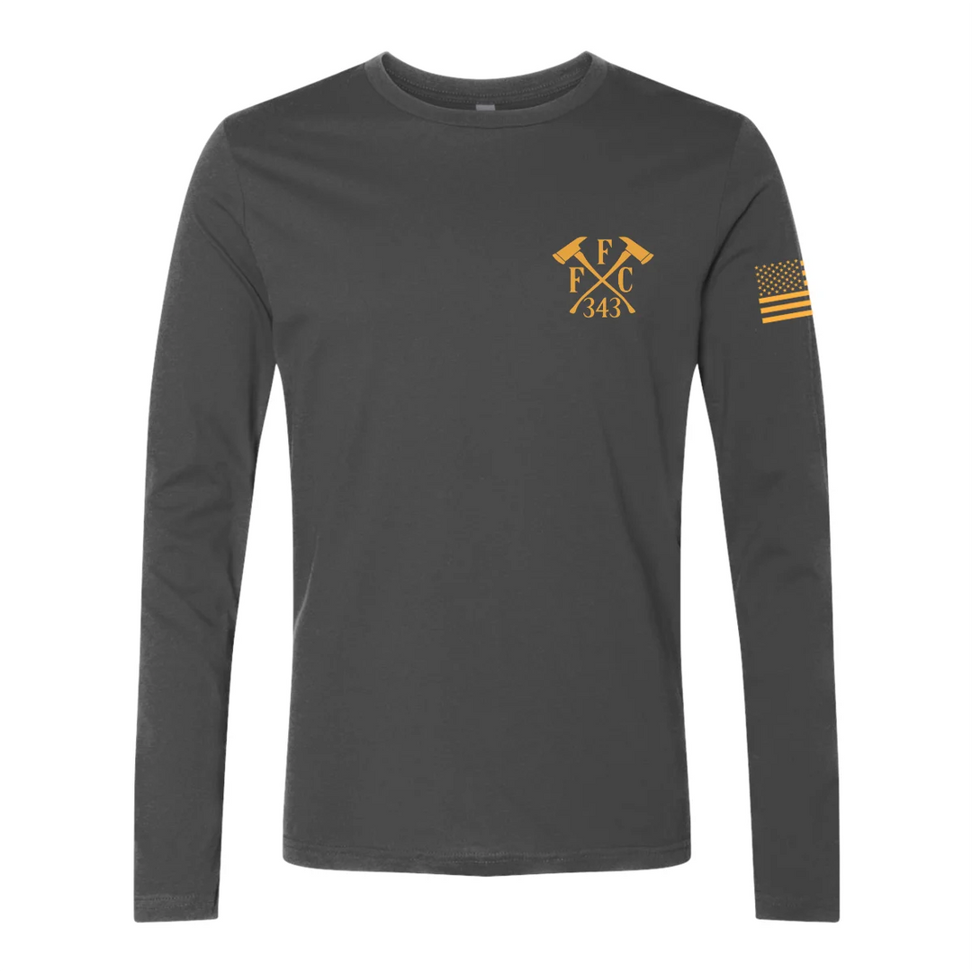 Front view of firefighter long sleeves in heavy metal color with left chest print of FFC 343 logo