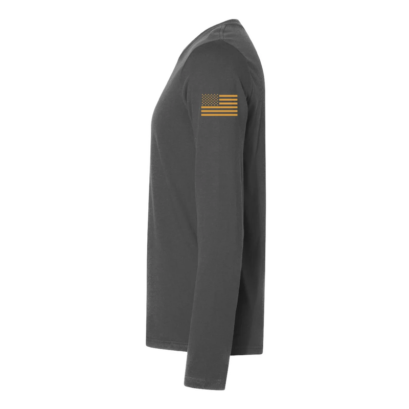 Left side view of a firefighter long sleeves in heavy metal color with the USA  flag printed.