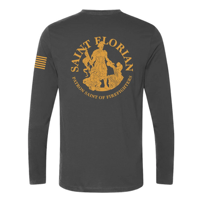 Back view of firefighter long sleeves in heavy metal with a full back design featuring the Saint Florian Patron Saint of Firefighters