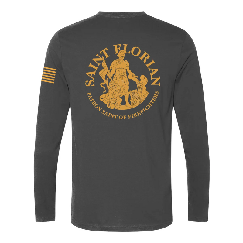 Back view of firefighter long sleeves in heavy metal with a full back design featuring the Saint Florian Patron Saint of Firefighters