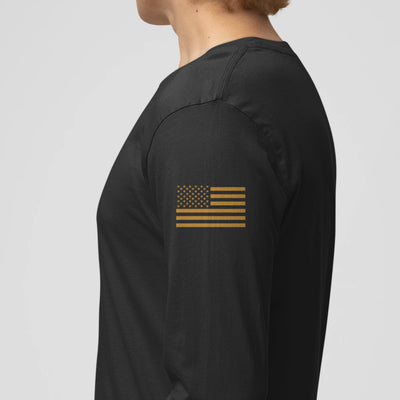 Left side view of a firefighter long sleeves in black color with the USA  flag printed.