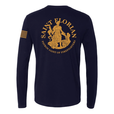 Back view of firefighter long sleeves in navy with a full back design featuring the Saint Florian Patron Saint of Firefighters