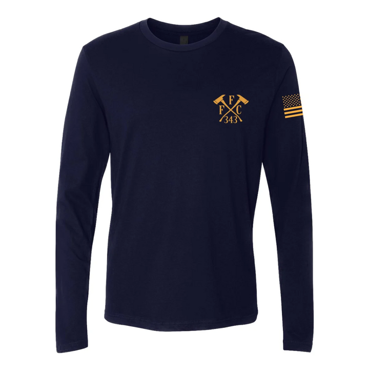 Front view of firefighter long sleeves in navy color with left chest print of FFC 343 logo