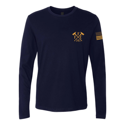 Front view of firefighter long sleeves in navy color with left chest print of FFC 343 logo