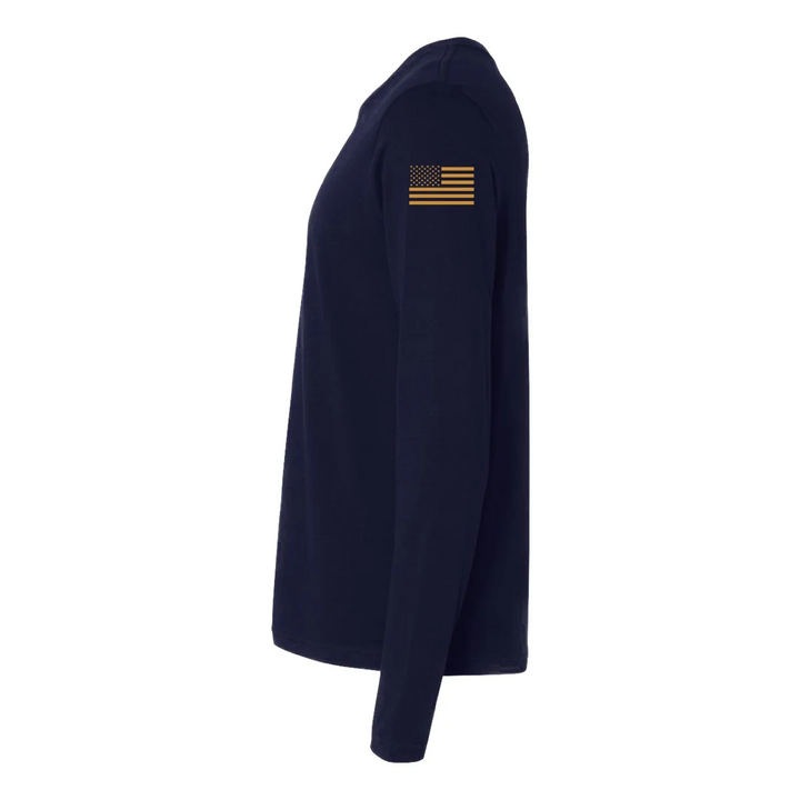 Left side view of a firefighter long sleeves in navy color with the USA  flag printed.