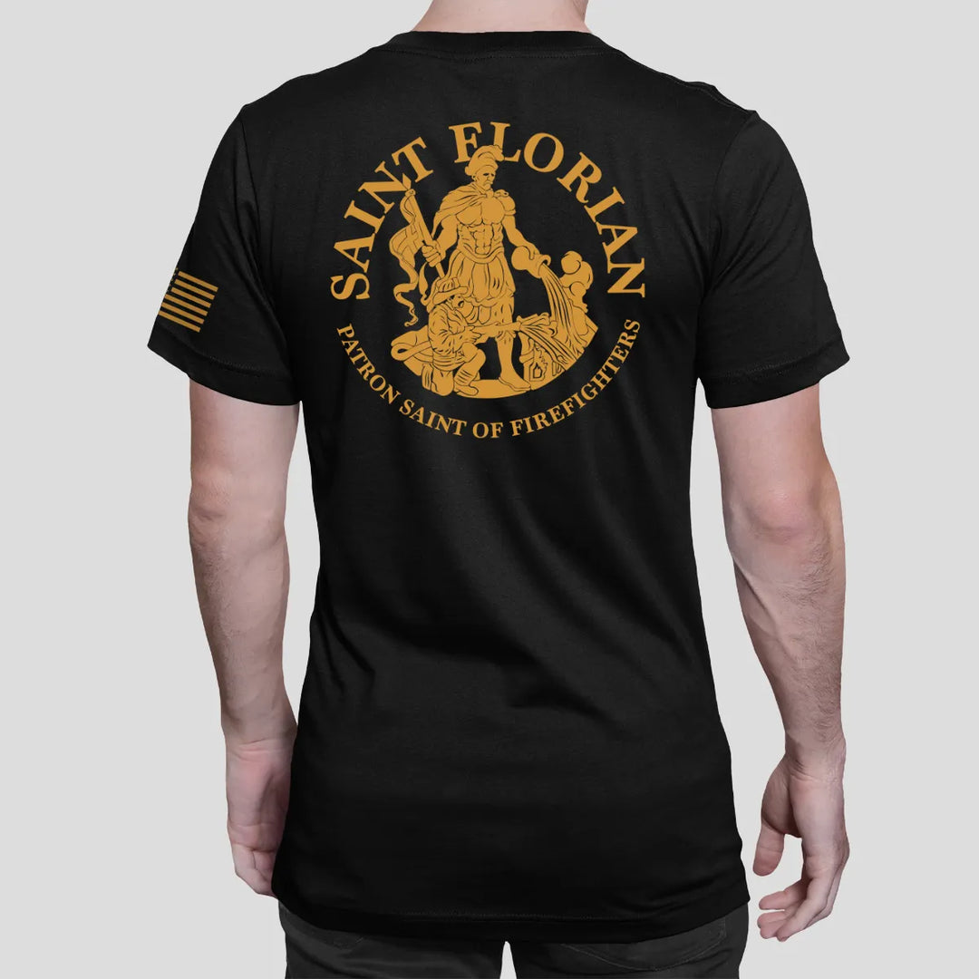 A man wearing showing the full back design of firefighter graphic t-shirt featuring the Saint Florian Patron Saint of Firefighters