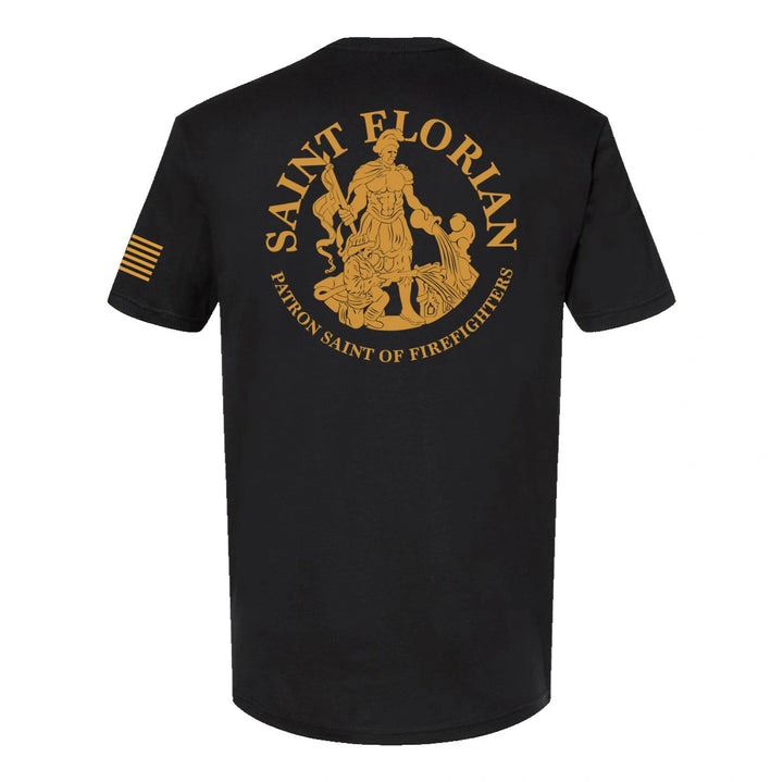 Back view of firefighter T-Shirt in black color with a full back design featuring the Saint Florian Patron Saint of Firefighters