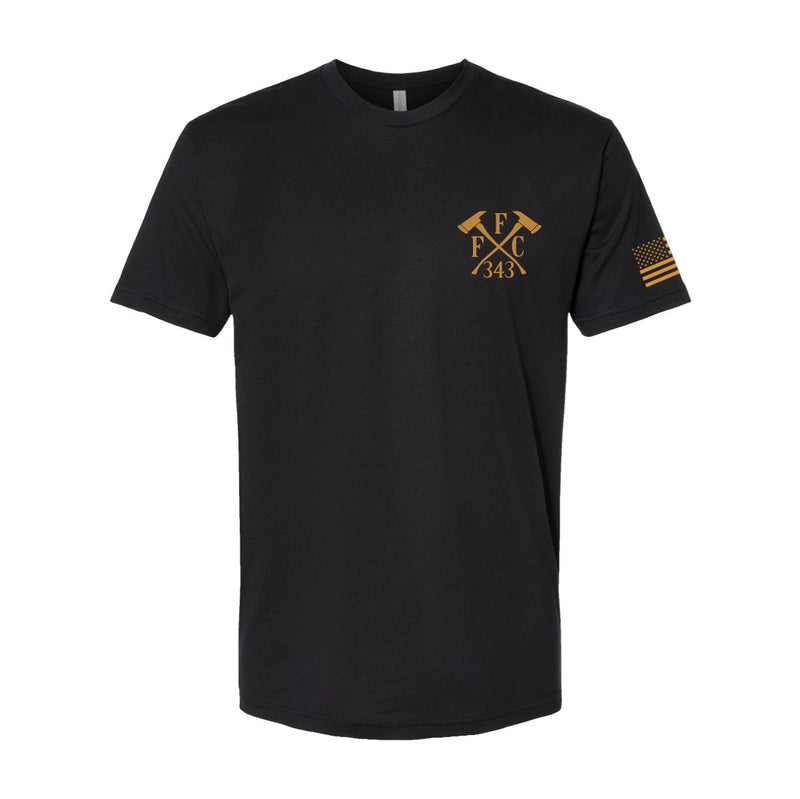 Front view of firefighter T-Shirt in black color with left chest print of FFC 343 logo