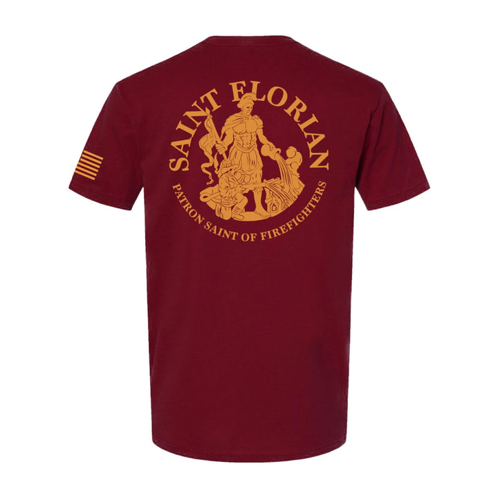 Back view of firefighter T-Shirt in cardinal red color with a full back design featuring the Saint Florian Patron Saint of Firefighters