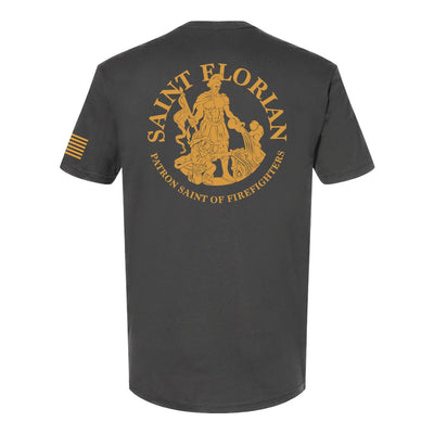 Back view of firefighter T-Shirt in heavy metal color with a full back design featuring the Saint Florian Patron Saint of Firefighters