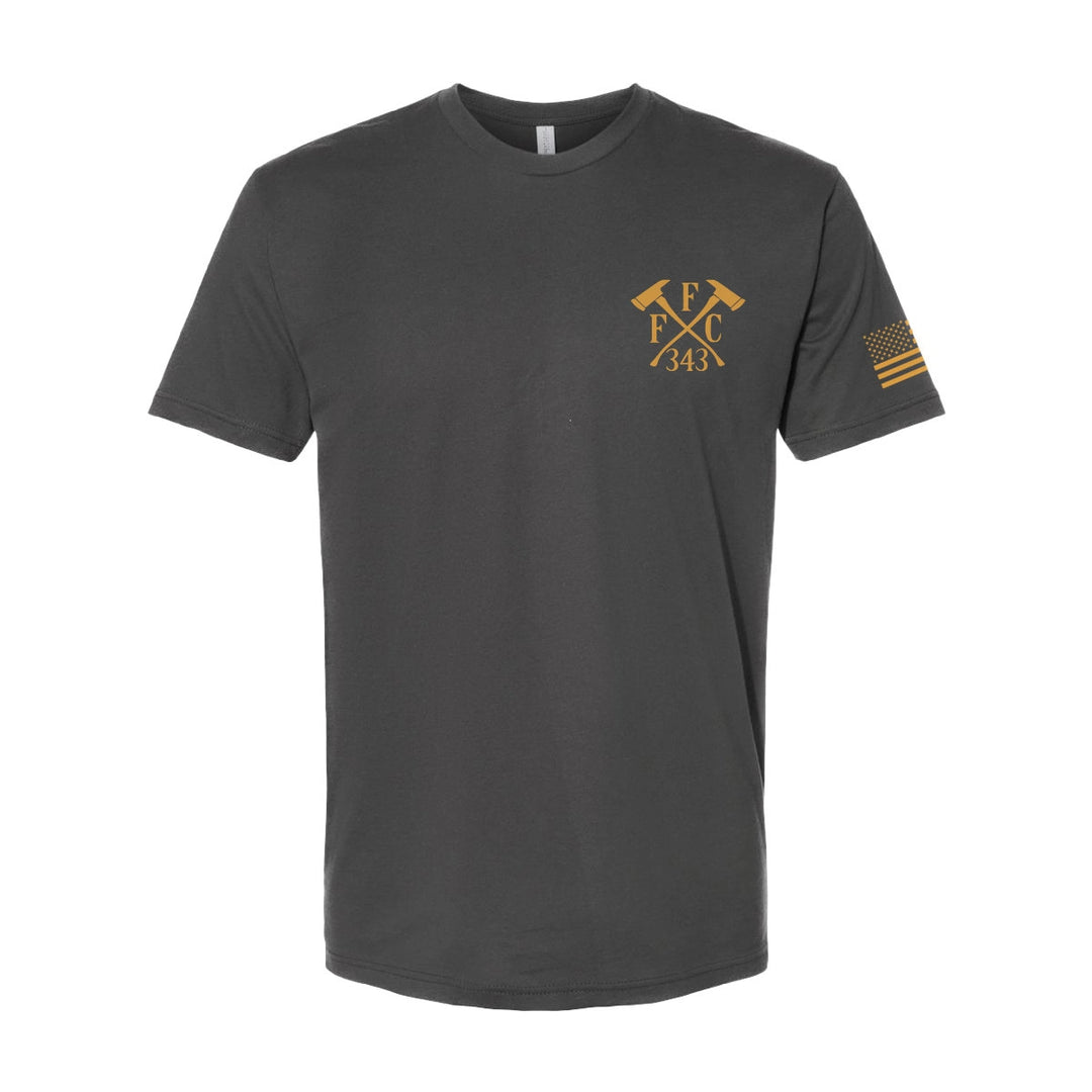 Front view of firefighter T-Shirt in heavy metal color with left chest print of FFC 343 logo