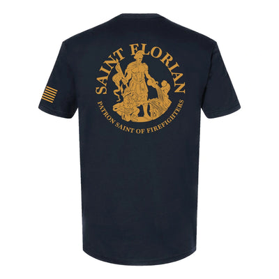 Back view of firefighter T-Shirt in navy color with a full back design featuring the Saint Florian Patron Saint of Firefighters