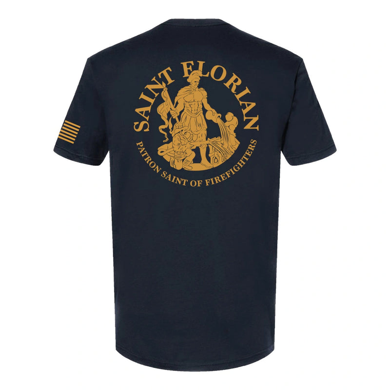 Back view of firefighter T-Shirt in navy color with a full back design featuring the Saint Florian Patron Saint of Firefighters