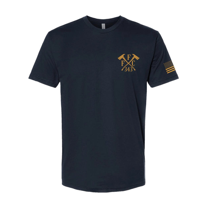 Front view of firefighter T-Shirt in navy color with left chest print of FFC 343 logo