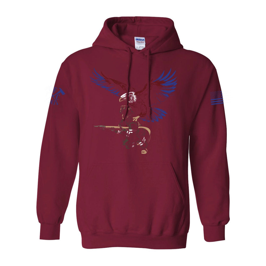 Front view of firefighter hoodies in red color featuring a full-front print featuring a firefighter with an eagle as his guardian