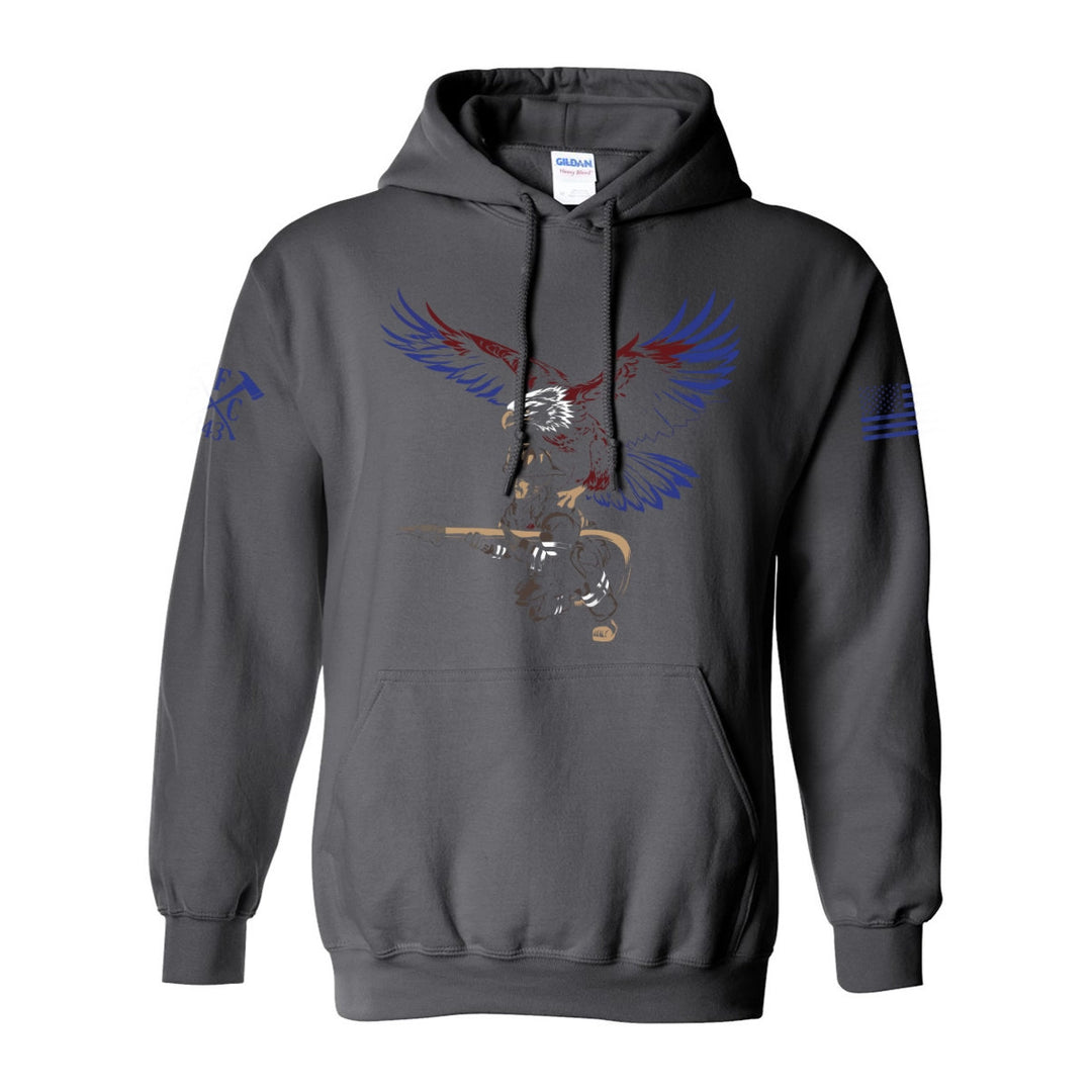 Front view of firefighter hoodies in grey color featuring a full-front print featuring a firefighter with an eagle as his guardian