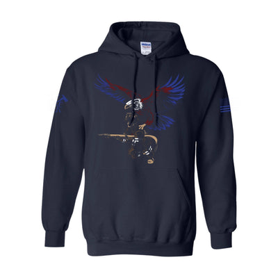 Front view of firefighter hoodies in navy color featuring a full-front print featuring a firefighter with an eagle as his guardian