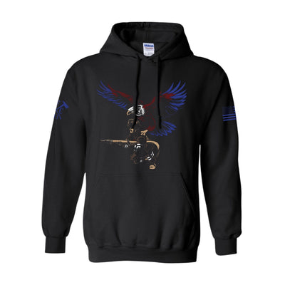 Front view of firefighter hoodies in black color featuring a full-front print featuring a firefighter with an eagle as his guardian