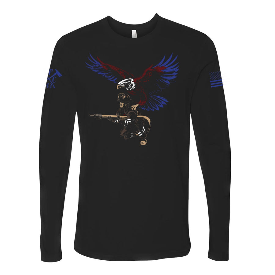 Front view of firefighter long sleeves in black color featuring a full-front print featuring a firefighter with an eagle as his guardian