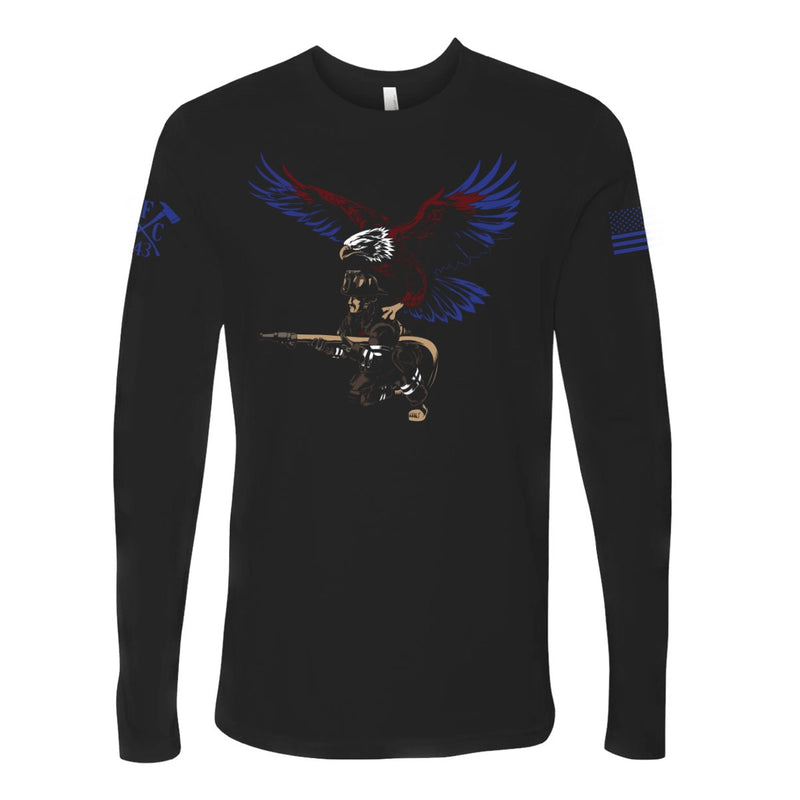 Front view of firefighter long sleeves in black color featuring a full-front print featuring a firefighter with an eagle as his guardian