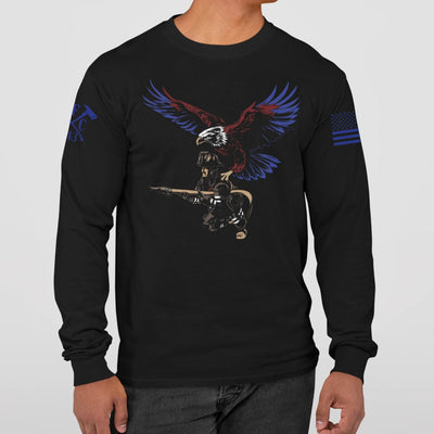 A man wearing showing the full front design of firefighter graphic long sleeves featuring a firefighter with an eagle as his guardian