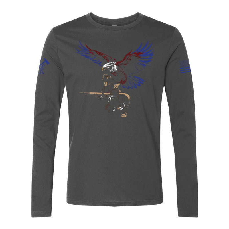 Front view of firefighter long sleeves in heavy metal color featuring a full-front print featuring a firefighter with an eagle as his guardian