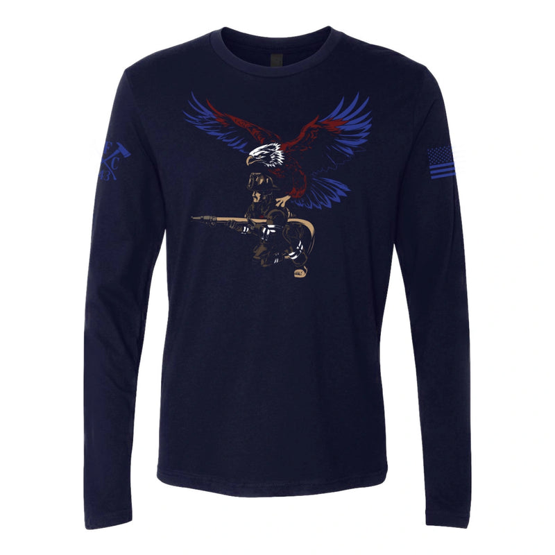 Front view of firefighter long sleeves in navy color featuring a full-front print featuring a firefighter with an eagle as his guardian