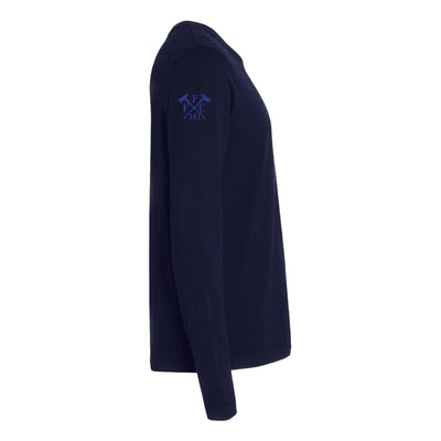 Right side view of a firefighter long sleeves in navy color with the  FFC 343 logo.