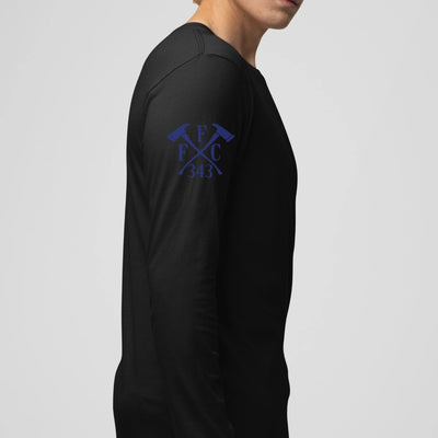 Right side view of a firefighter long sleeves in navy color with the  FFC 343 logo.