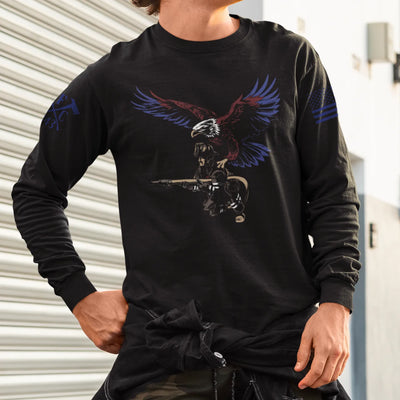 A man wearing showing the full front design of firefighter graphic long sleeves featuring a firefighter with an eagle as his guardian