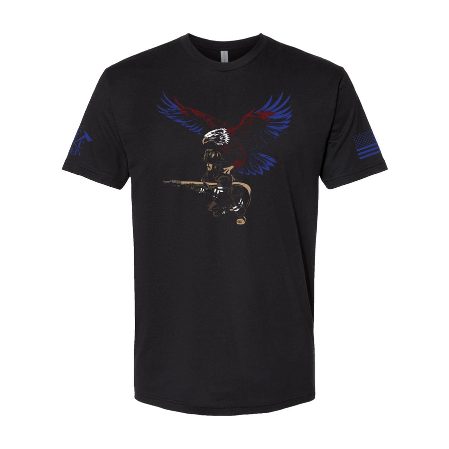 Front view of firefighter T-Shirt in black color featuring a full-front print featuring a firefighter with an eagle as his guardian