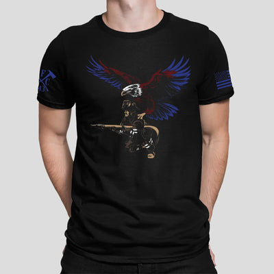 A man wearing showing the full front design of firefighter graphic t-shirt featuring a firefighter with an eagle as his guardian