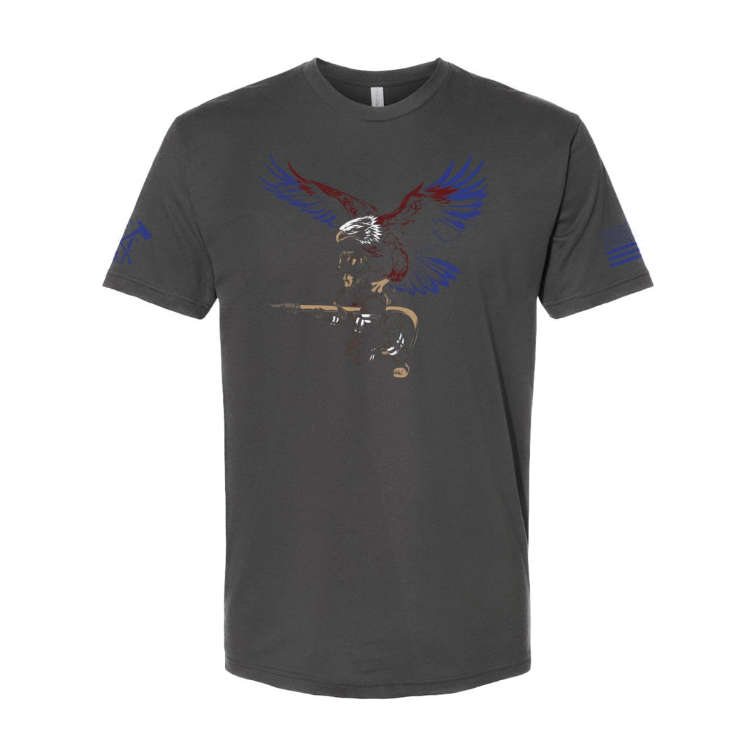 Front view of firefighter T-Shirt in heavy metal color featuring a full-front print featuring a firefighter with an eagle as his guardian