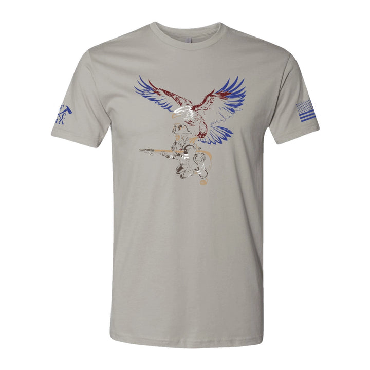 Front view of firefighter T-Shirt in light grey color featuring a full-front print featuring a firefighter with an eagle as his guardian