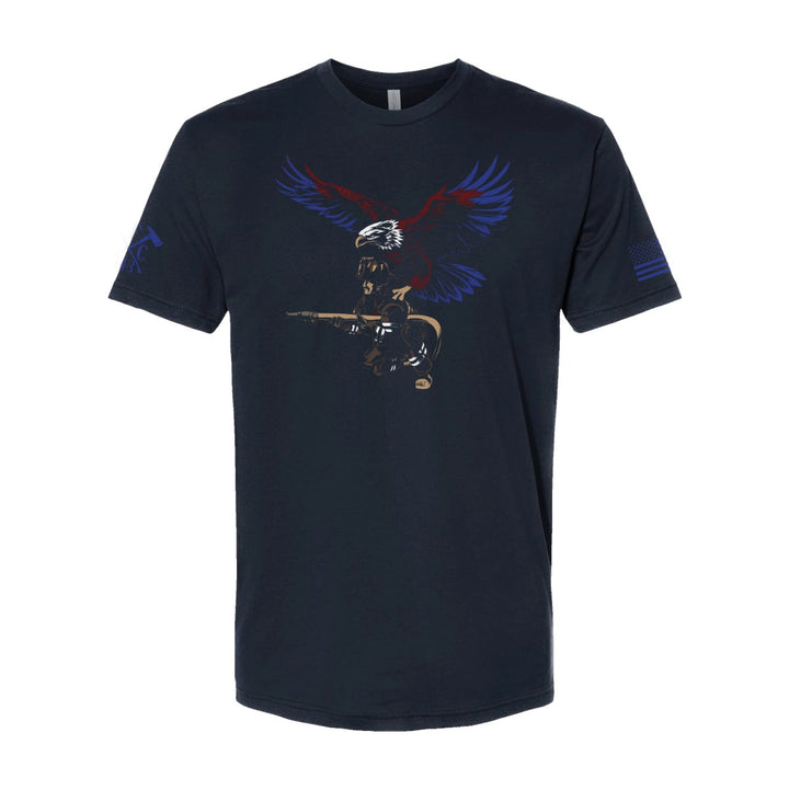 Front view of firefighter T-Shirt in navy color featuring a full-front print featuring a firefighter with an eagle as his guardian