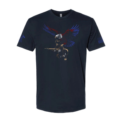 Front view of firefighter T-Shirt in navy color featuring a full-front print featuring a firefighter with an eagle as his guardian