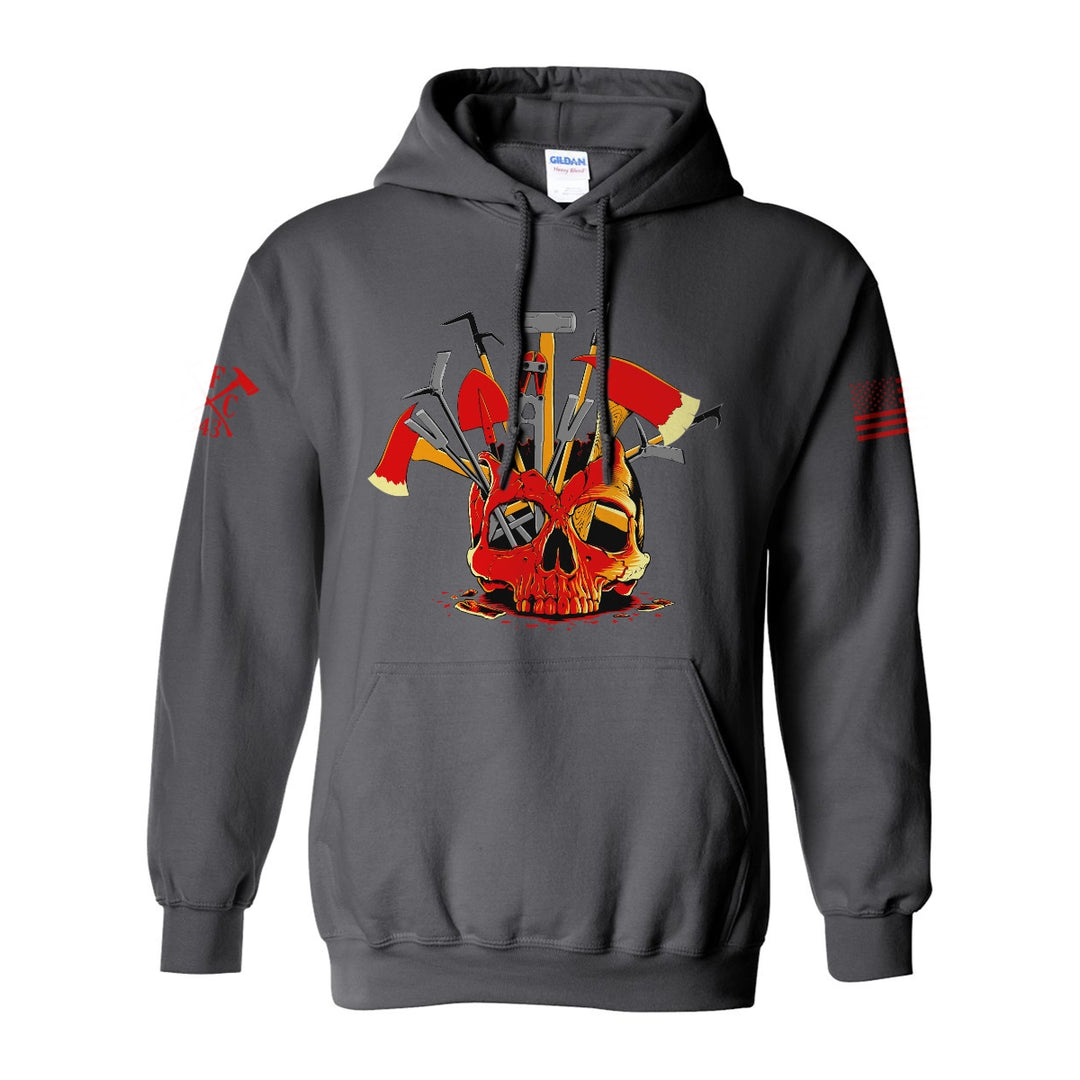 Front view of firefighter hoodies in grey color featuring a full-front design print of a skull filled with firefighter tools