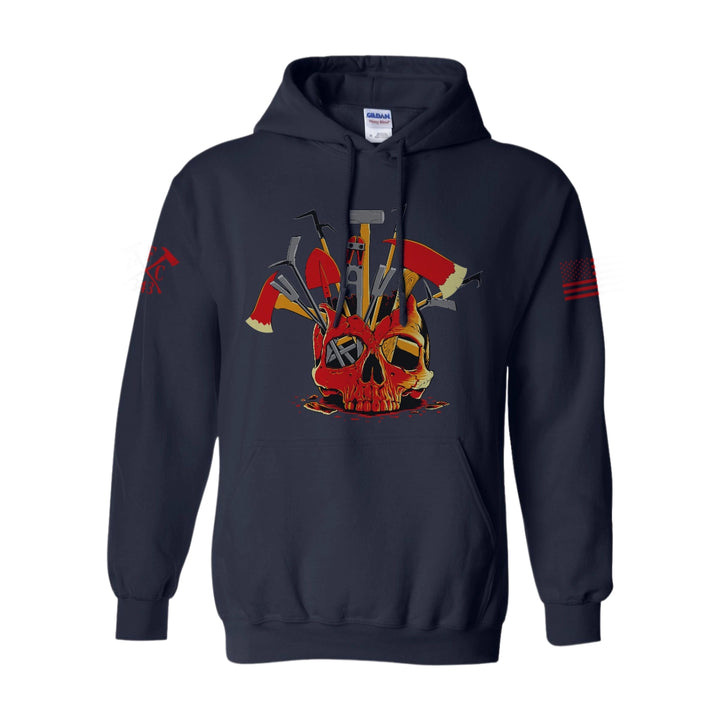 Front view of firefighter hoodies in navy color featuring a full-front design print of a skull filled with firefighter tools