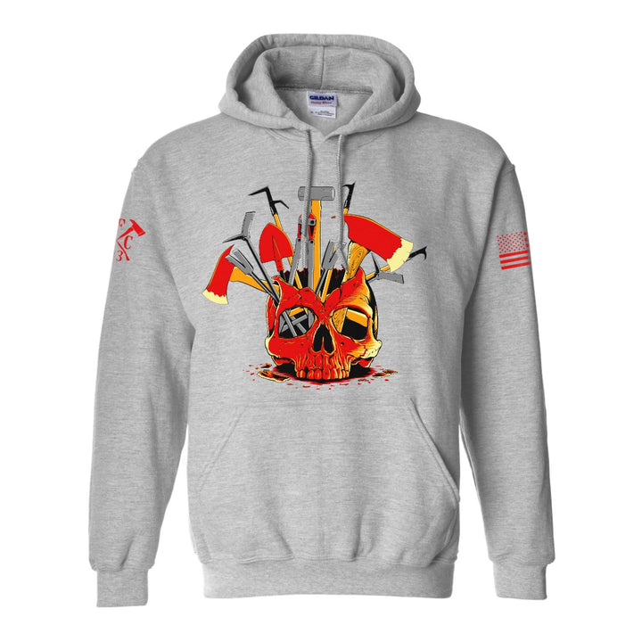 Front view of firefighter hoodies in light grey color featuring a full-front design print of a skull filled with firefighter tools