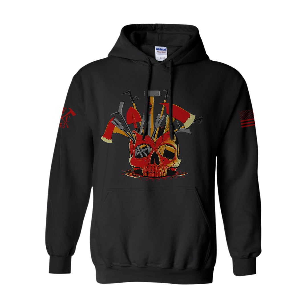 Front view of firefighter hoodies in black color featuring a full-front design print of a skull filled with firefighter tools