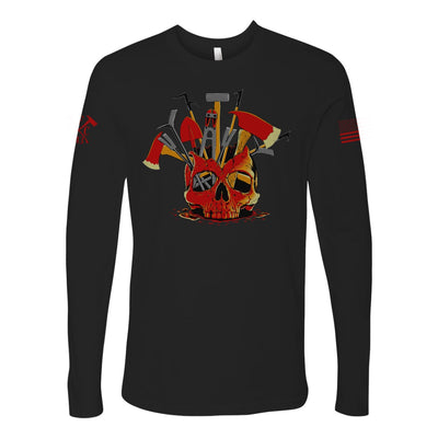 Front view of firefighter long sleeves in black color featuring a full-front design print of a skull filled with firefighter tools