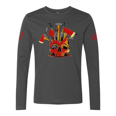 Front view of firefighter long sleeves in grey color featuring a full-front design print of a skull filled with firefighter tools